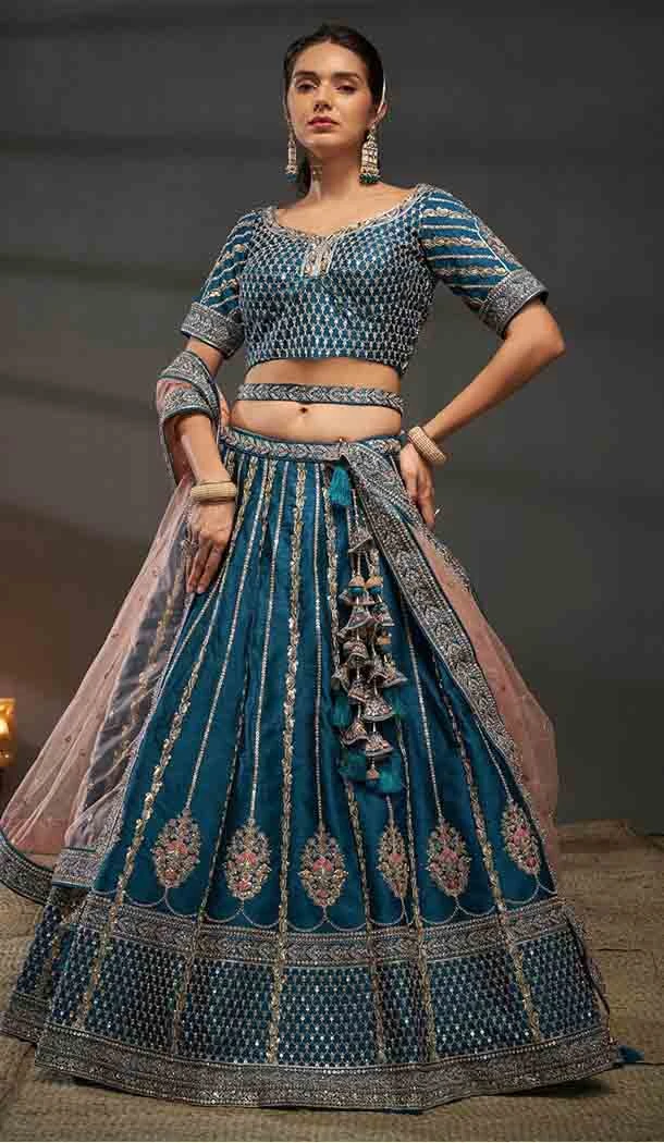 Silk Embroidered Designer Wear Lehenga Choli In Teal Blue - 143458142