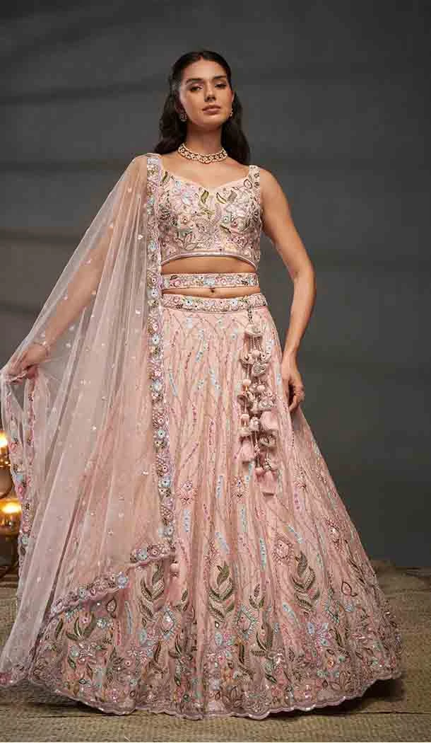Chiffon Embroidered Designer Wear Lehenga Choli In Peach - 143458145