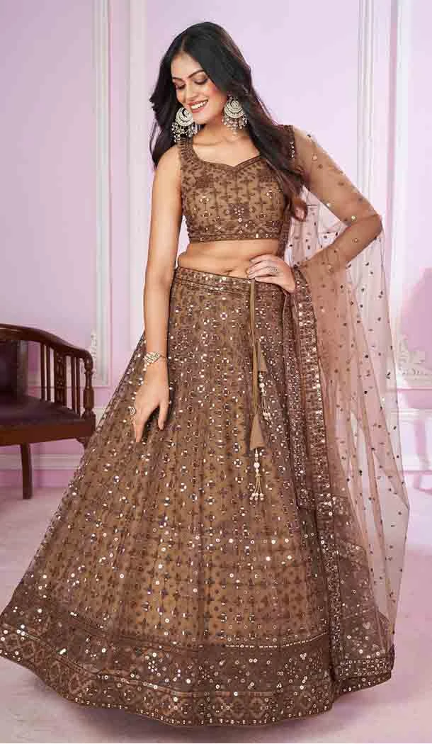Brown Soft Net Embroidery Work Party Wear Designer Lehenga Choli - 144658895