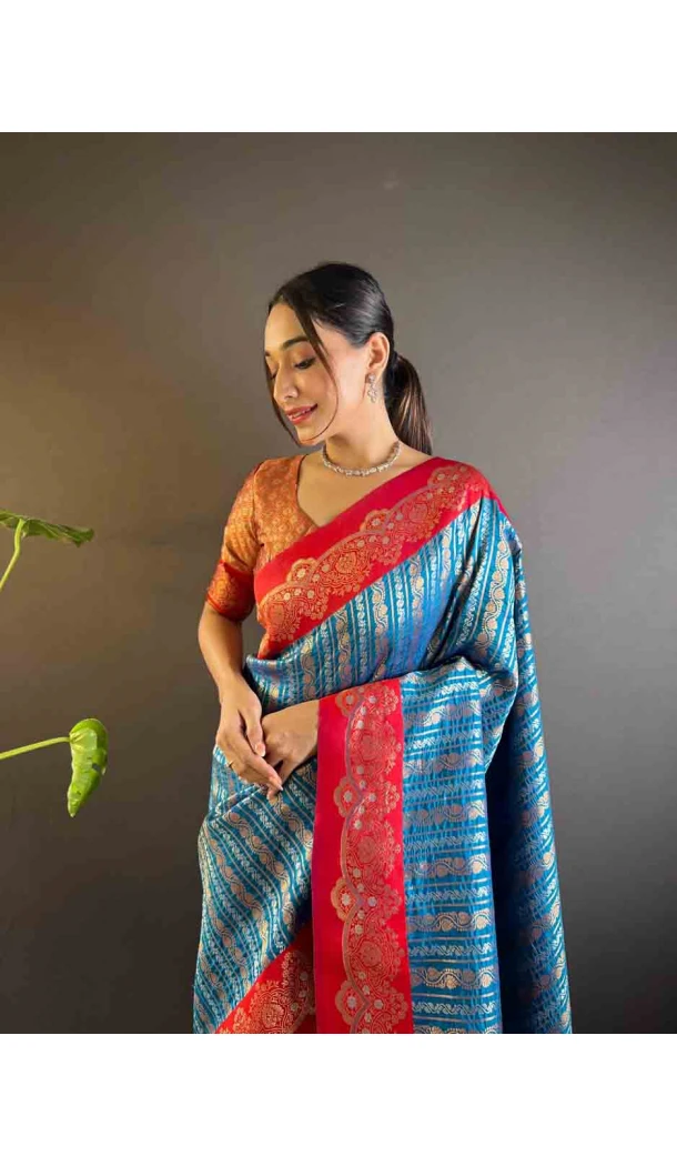 Blue Soft Silk Zari Weaving Work Traditional Wear Saree - 144979121