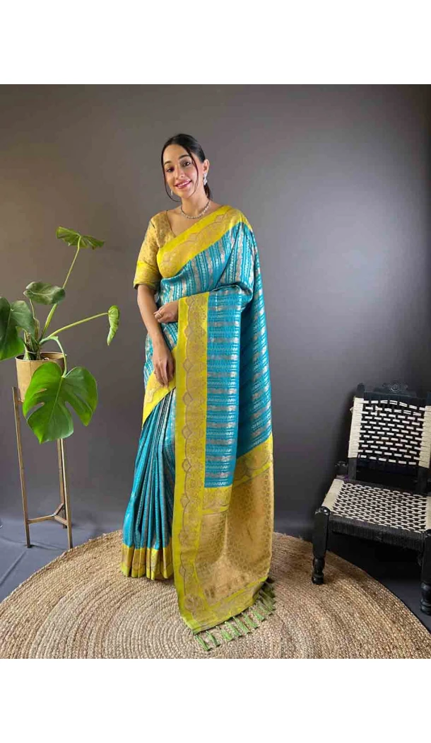 Firozi Soft Silk Zari Weaving Work Traditional Wear Saree - 144979125