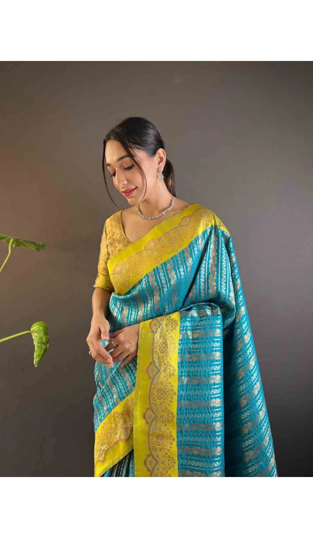 Firozi Soft Silk Zari Weaving Work Traditional Wear Saree - 144979125