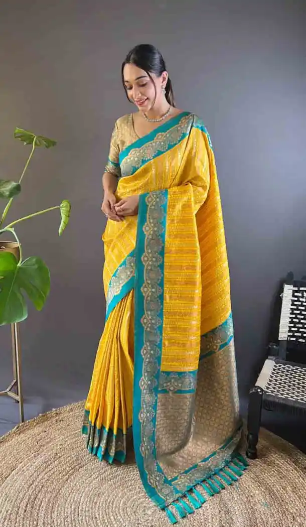 Yellow Soft Silk Zari Weaving Work Traditional Wear Saree - 144979126