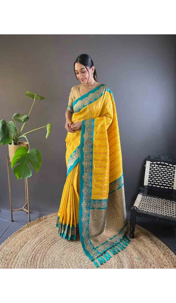 Yellow Soft Silk Zari Weaving Work Traditional Wear Saree - 144979126