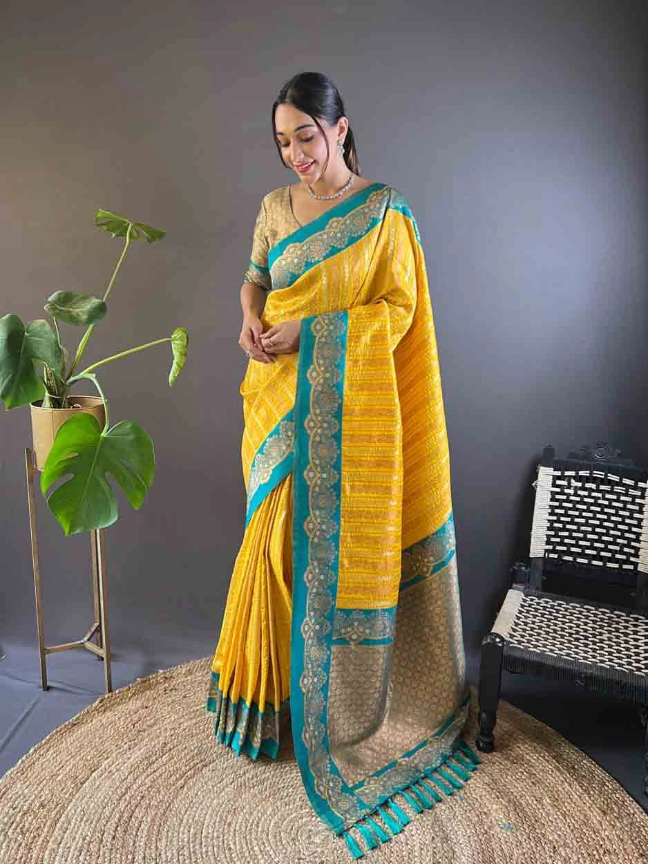 Yellow Soft Silk Zari Weaving Work Traditional Wear Saree - 144979126 Yellow Soft Silk Zari Weaving Work Traditional Wear Saree - 144979126