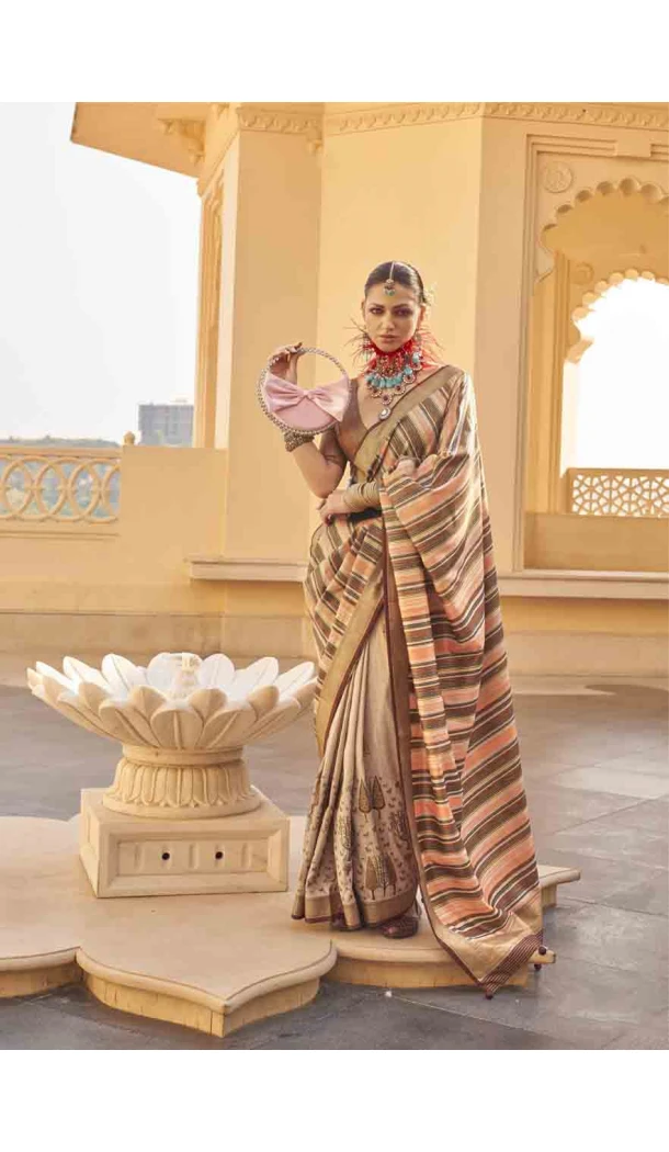 Silk Weaving Work Designer Party Wear Saree In Peach - 145489420
