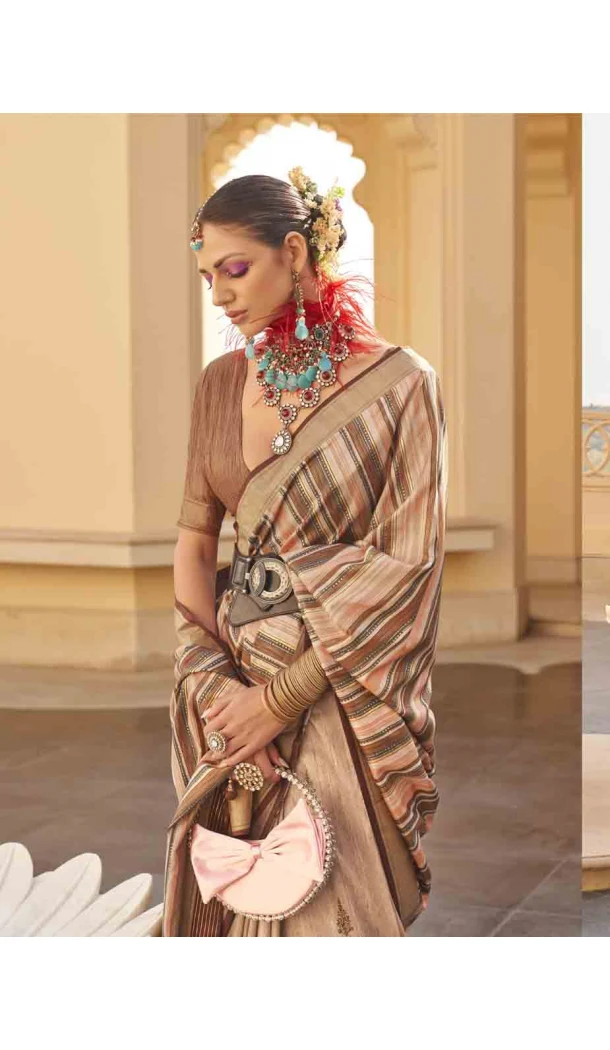 Silk Weaving Work Designer Party Wear Saree In Peach - 145489420