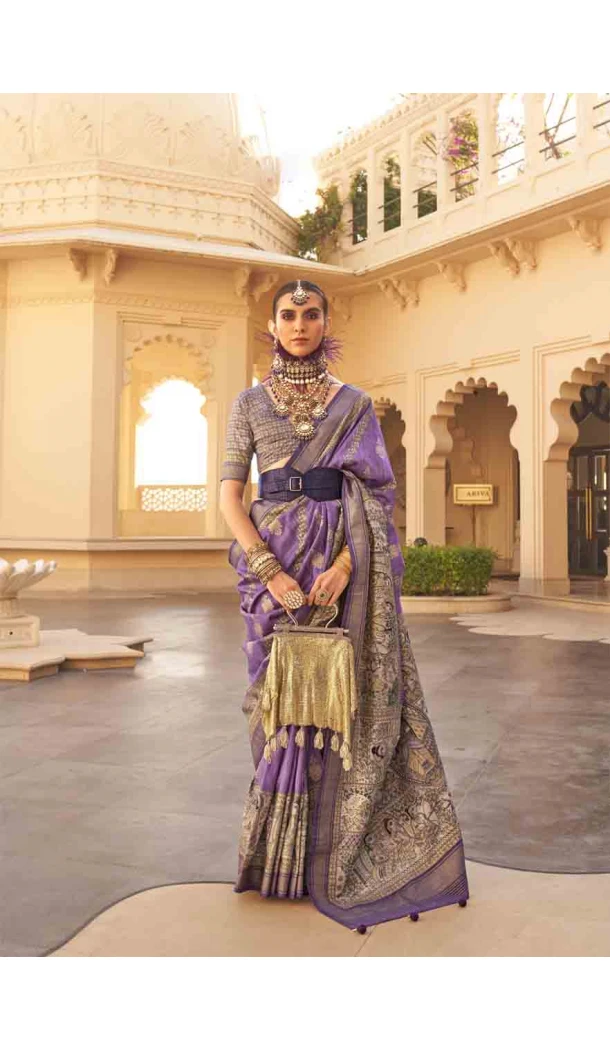 Purple Silk Weaving Work Designer Party Wear Saree - 145489424