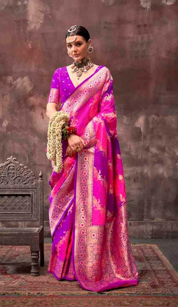 Pink Rangkat Silk Weaving Work Traditional Party Wear Saree - 145499426