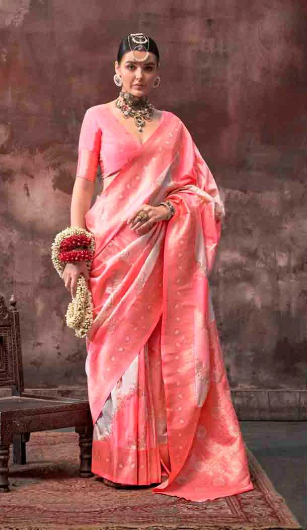 Peach Rangkat Silk Weaving Work Traditional Party Wear Saree - 145499427