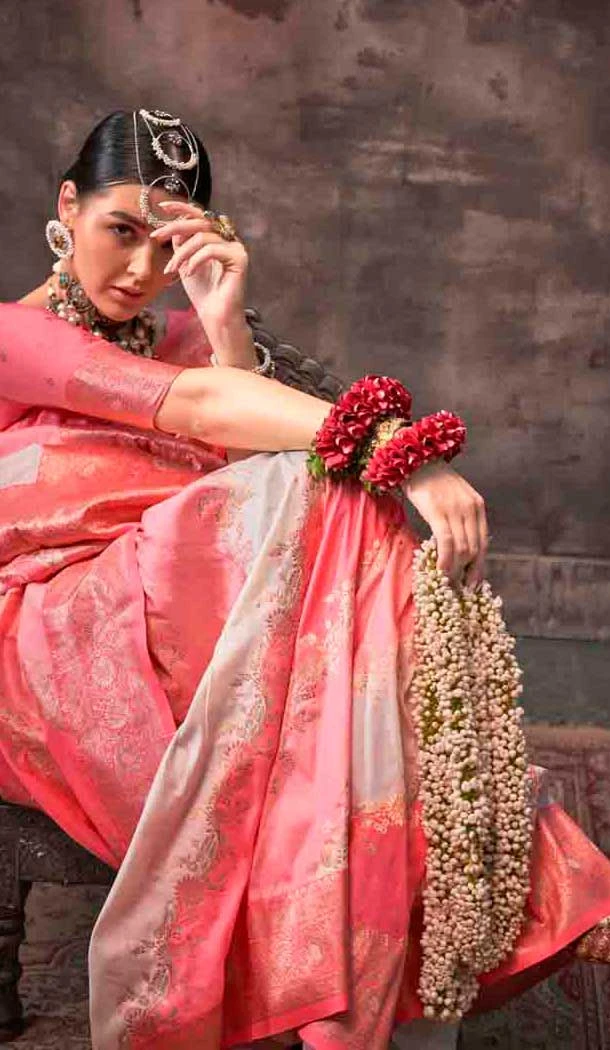 Peach Rangkat Silk Weaving Work Traditional Party Wear Saree - 145499427