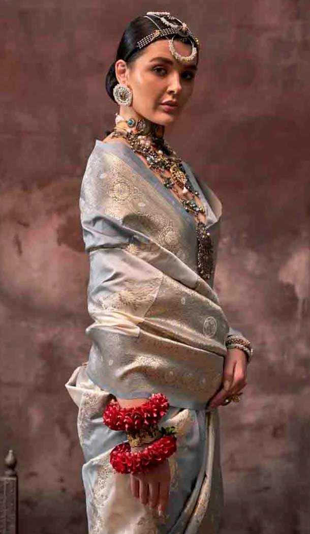 Grey Rangkat Silk Weaving Work Traditional Party Wear Saree - 145499430