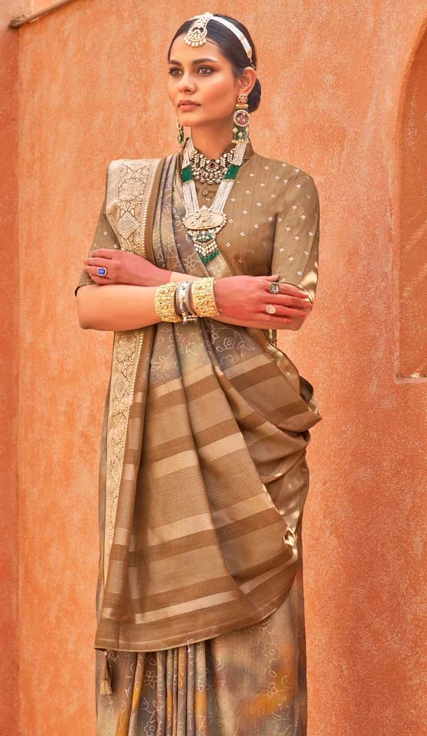 Silk Printed Party Wear Designer Saree In Beige - 146009716
