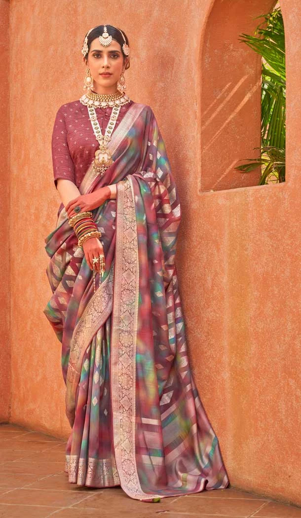 Silk Printed Party Wear Designer Saree In Mauve - 146009718