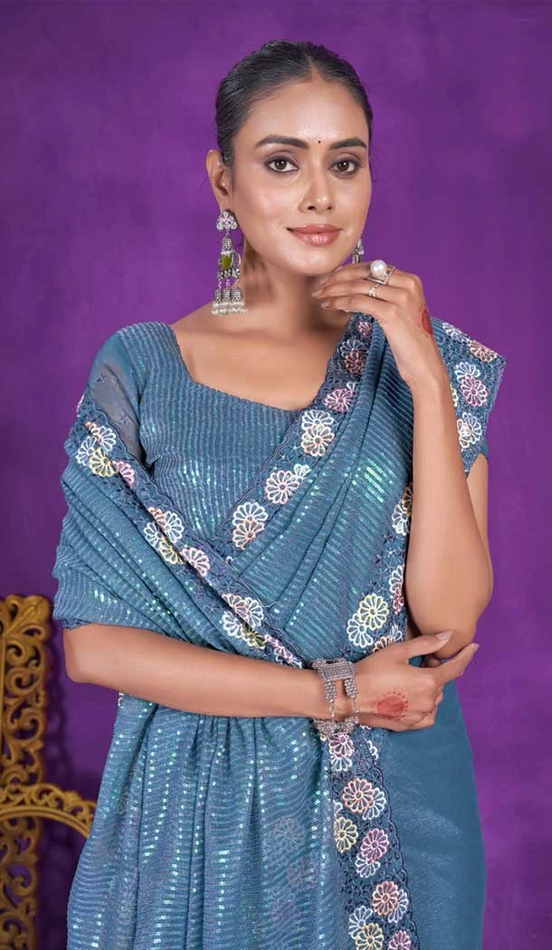 Simar Silk Embroidery Work Party Wear Designer Saree In Teal Blue - 9405187095