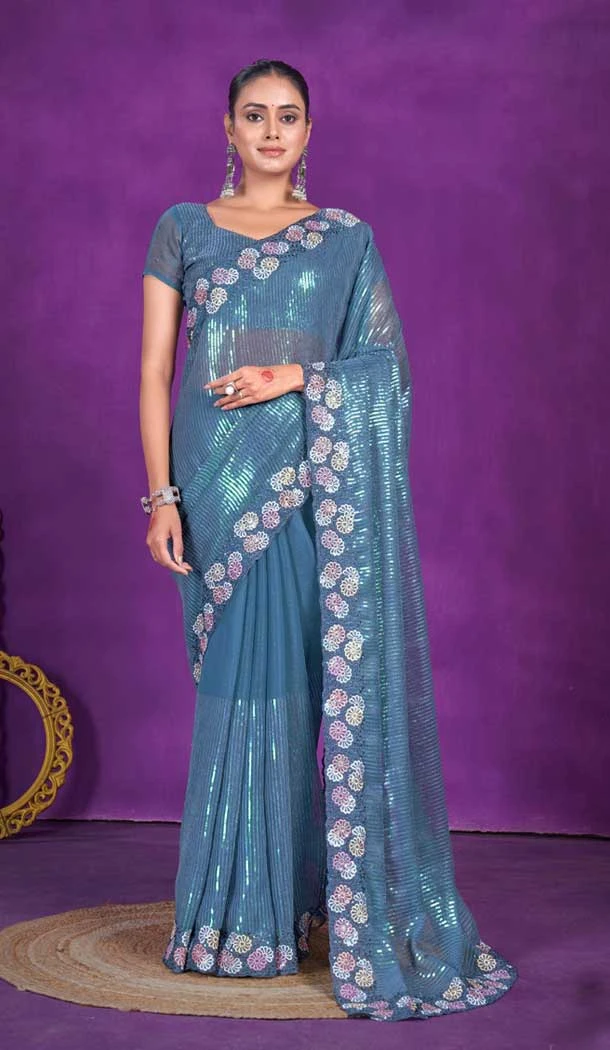 Simar Silk Embroidery Work Party Wear Designer Saree In Teal Blue - 9405187095