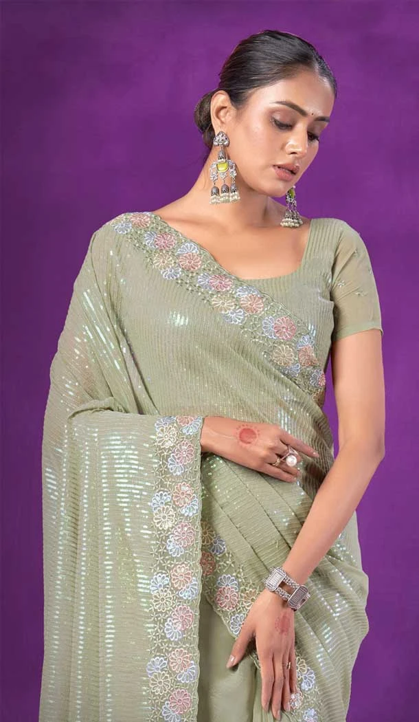 Simar Silk Embroidery Work Party Wear Designer Saree In Pista Green - 9405187096