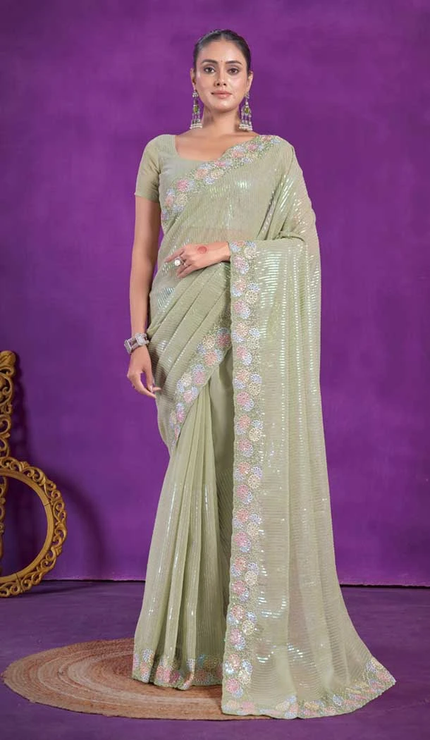 Simar Silk Embroidery Work Party Wear Designer Saree In Pista Green - 9405187096