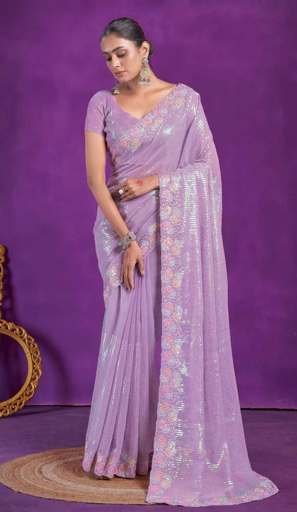 Simar Silk Embroidery Work Party Wear Designer Saree In Lavender - 9405187097