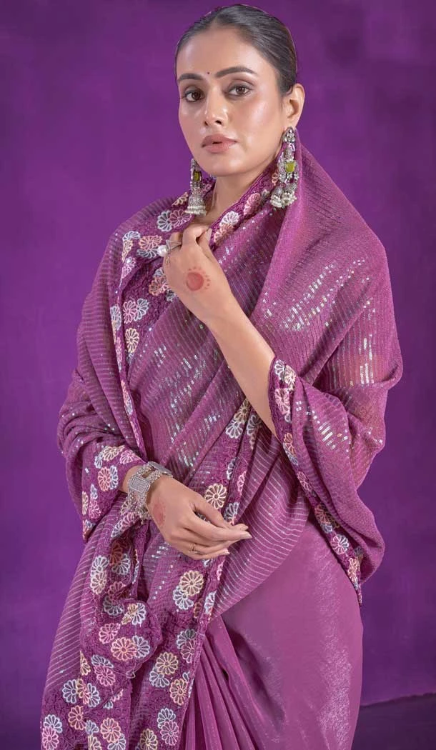 Simar Silk Embroidery Work Party Wear Designer Saree In Mauve - 9405187098