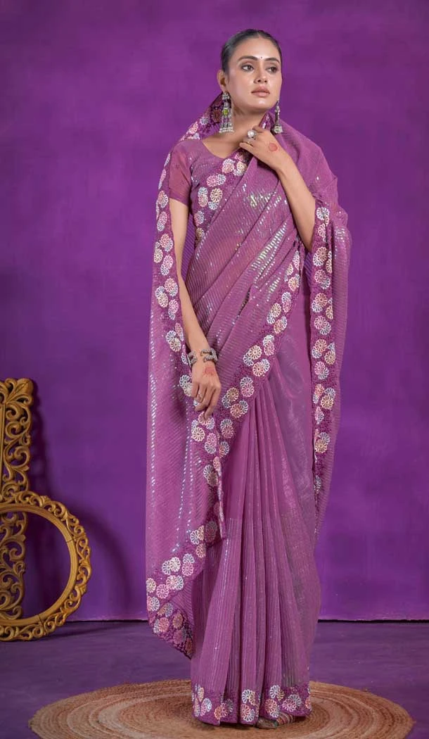 Simar Silk Embroidery Work Party Wear Designer Saree In Mauve - 9405187098