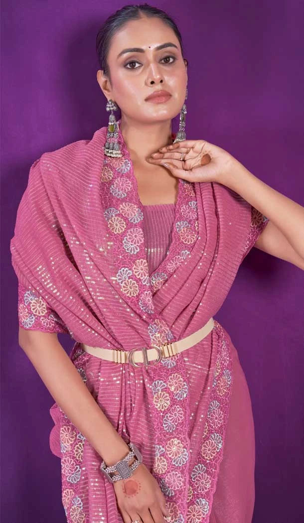 Simar Silk Embroidery Work Party Wear Designer Saree In Pink - 9405187099
