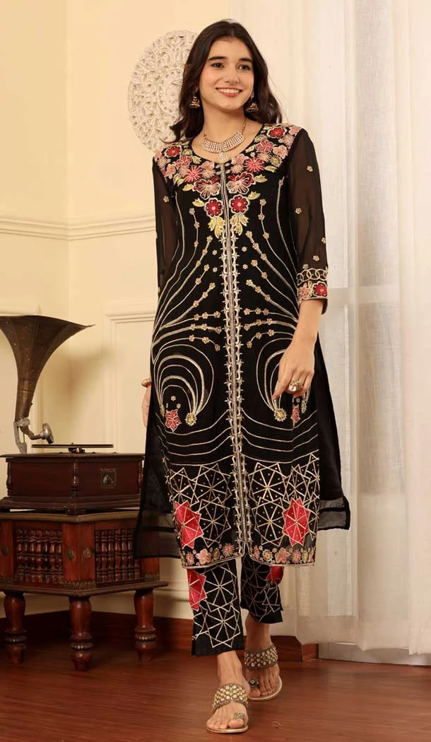 Georgette Embroidered Party Wear Salwar Suit In Black - 9414187143