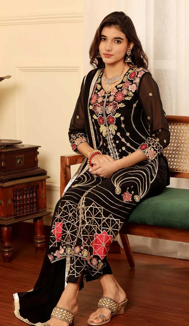 Georgette Embroidered Party Wear Salwar Suit In Black - 9414187143