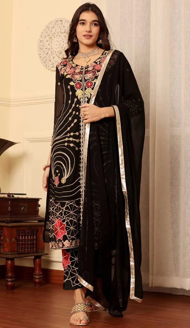 Georgette Embroidered Party Wear Salwar Suit In Black - 9414187143