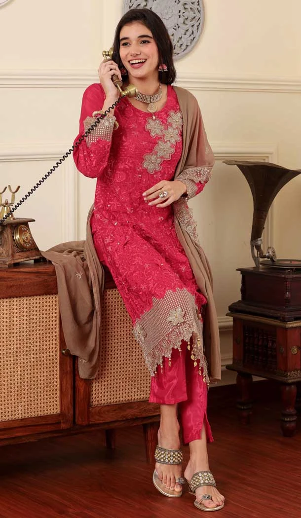Chinon Silk Embroidered Party Wear Salwar Suit In Pink - 9414187144