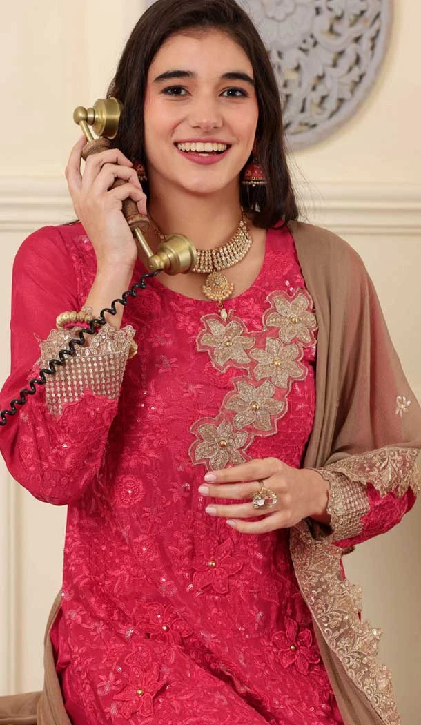 Chinon Silk Embroidered Party Wear Salwar Suit In Pink - 9414187144