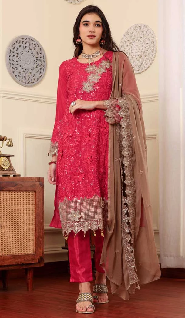 Chinon Silk Embroidered Party Wear Salwar Suit In Pink - 9414187144