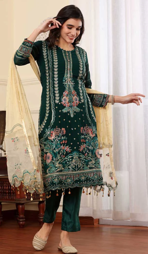 Georgette Embroidered Party Wear Salwar Suit In Green - 9414187145