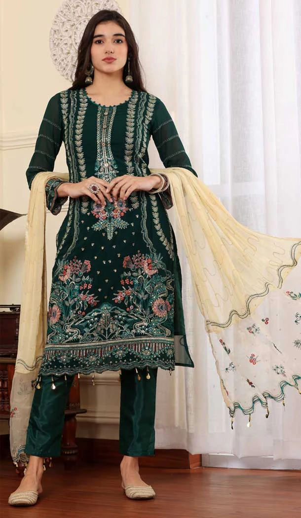 Georgette Embroidered Party Wear Salwar Suit In Green - 9414187145
