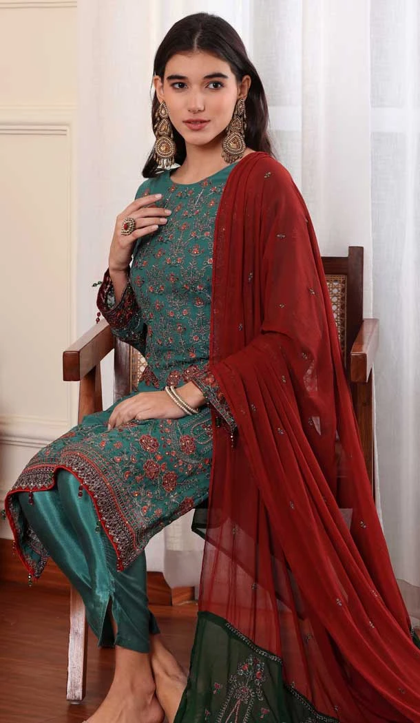Georgette Embroidered Party Wear Salwar Suit In Rama Green - 9414187146