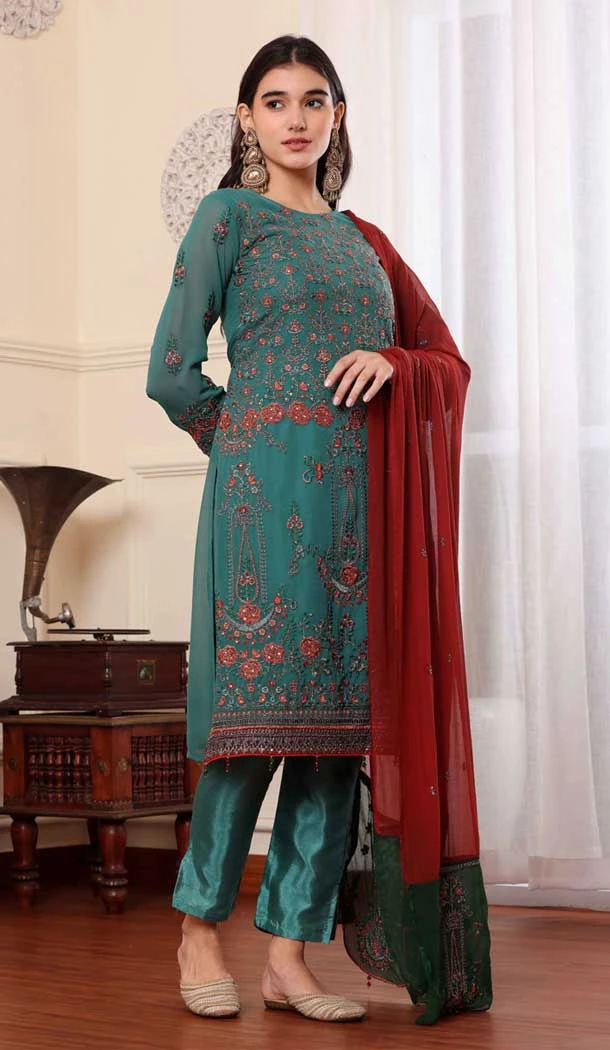 Georgette Embroidered Party Wear Salwar Suit In Rama Green - 9414187146