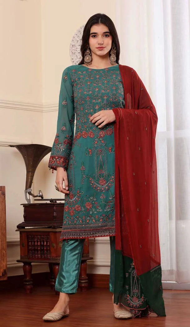 Georgette Embroidered Party Wear Salwar Suit In Rama Green - 9414187146