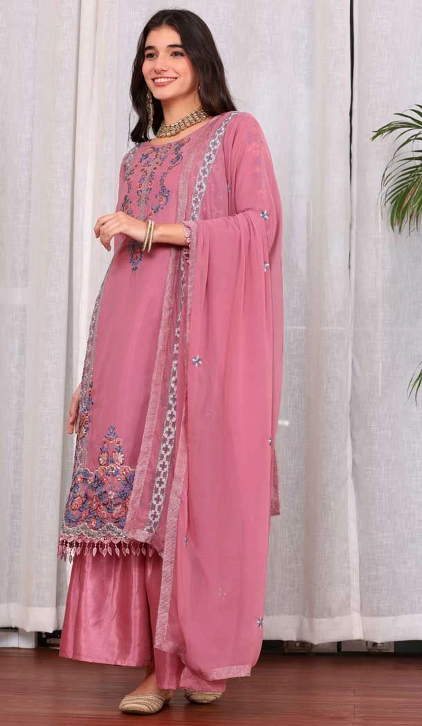 Pink Georgette Embroidered Party Wear Salwar Suit - 9414187147