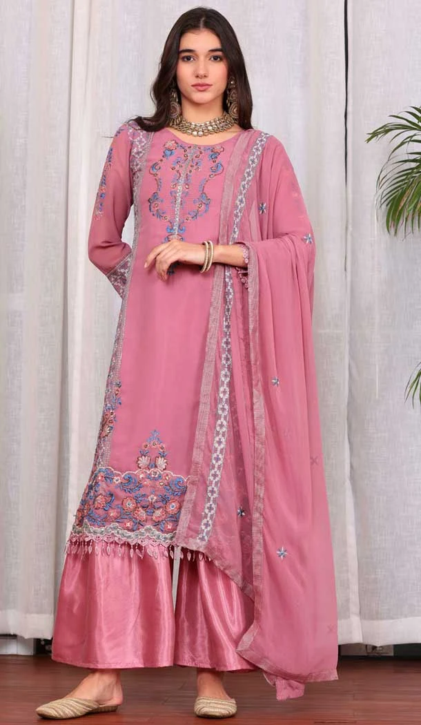 Pink Georgette Embroidered Party Wear Salwar Suit - 9414187147