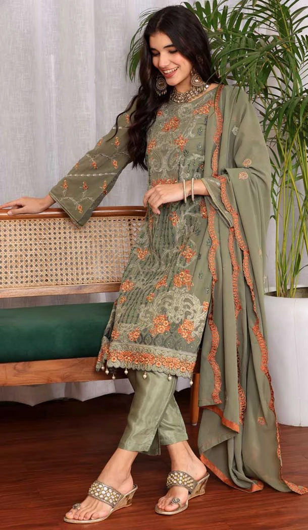 Green Georgette Embroidered Party Wear Salwar Suit - 9414187148