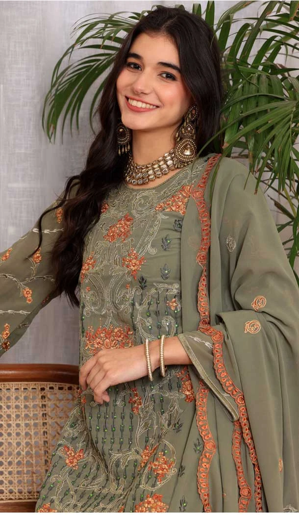 Green Georgette Embroidered Party Wear Salwar Suit - 9414187148
