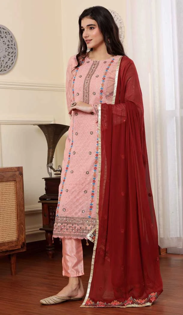 Georgette Embroidered Party Wear Salwar Suit In Pink Color - 9414187149