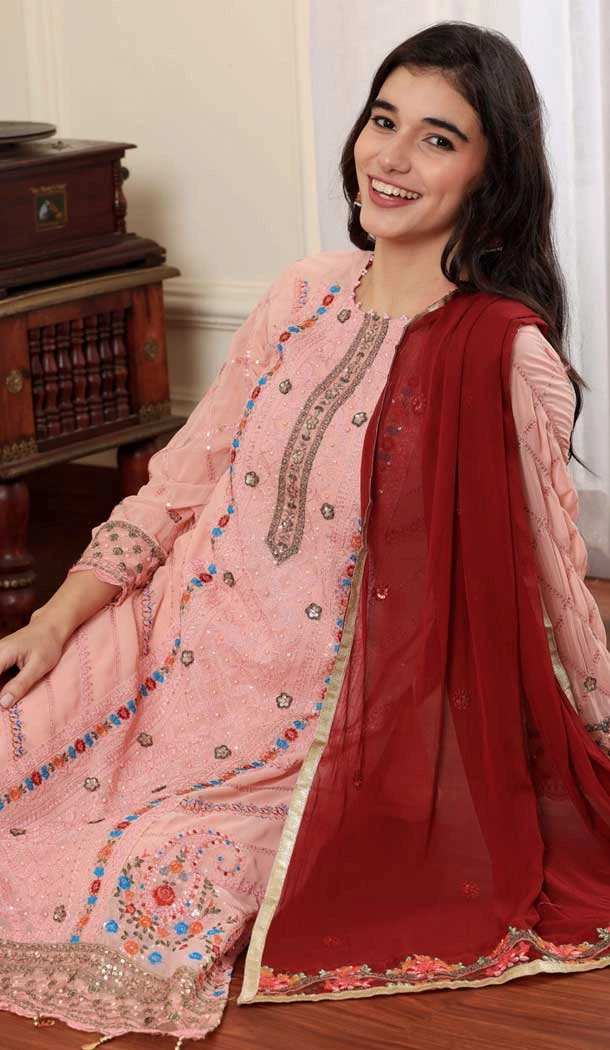 Georgette Embroidered Party Wear Salwar Suit In Pink Color - 9414187149