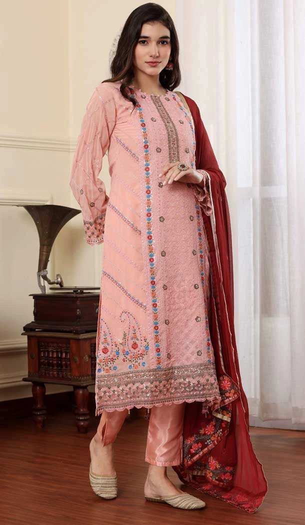 Georgette Embroidered Party Wear Salwar Suit In Pink Color - 9414187149