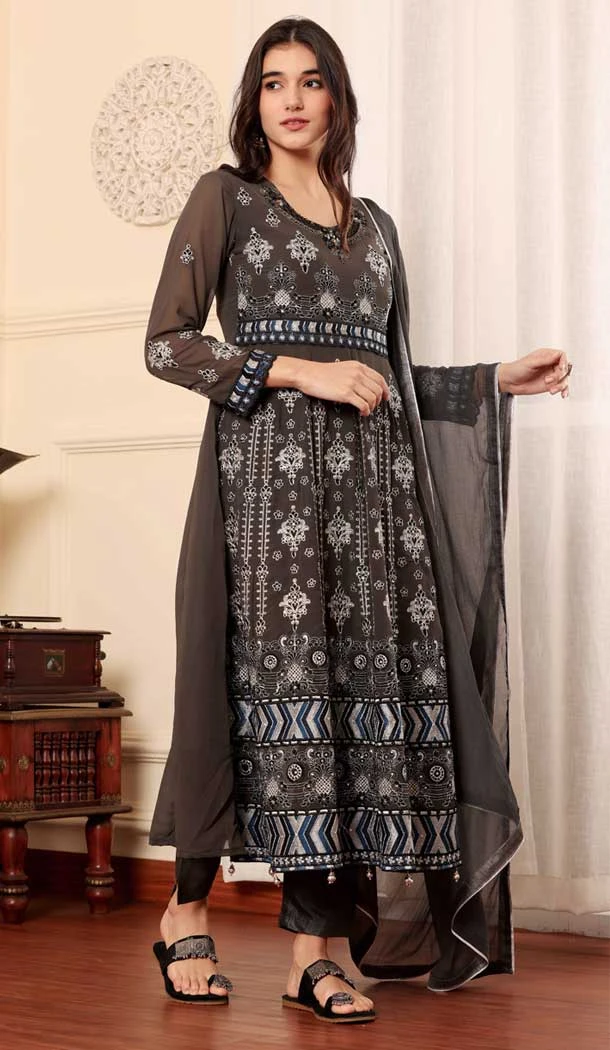 Georgette Embroidered Party Wear Salwar Suit In Brown - 9414187150
