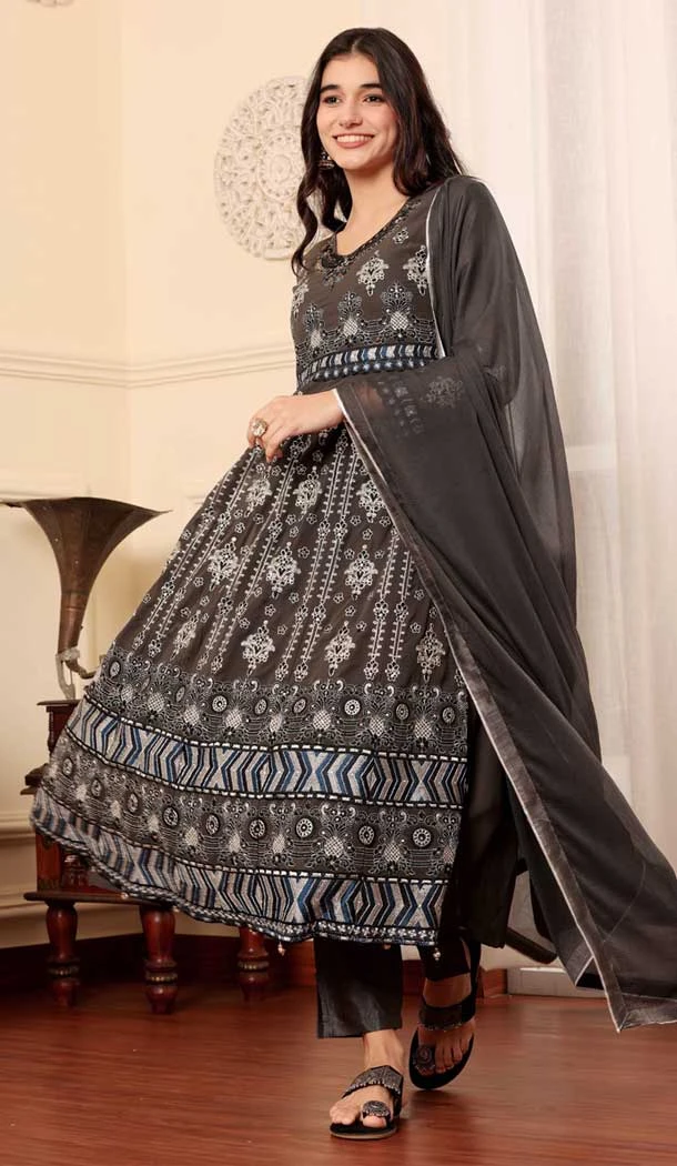 Georgette Embroidered Party Wear Salwar Suit In Brown - 9414187150