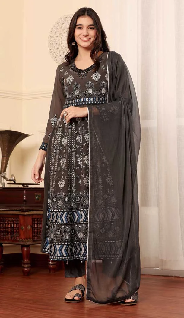 Georgette Embroidered Party Wear Salwar Suit In Brown - 9414187150
