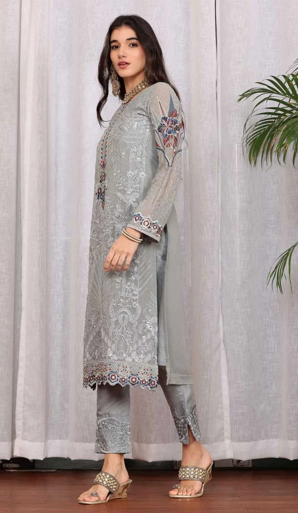 Georgette Embroidered Party Wear Salwar Suit In Grey - 9414187151