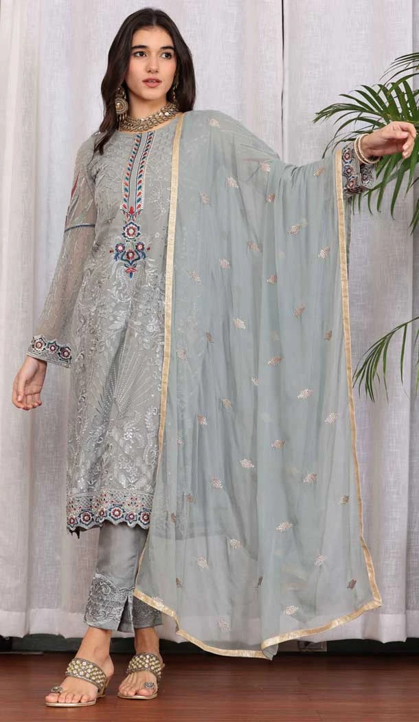 Georgette Embroidered Party Wear Salwar Suit In Grey - 9414187151