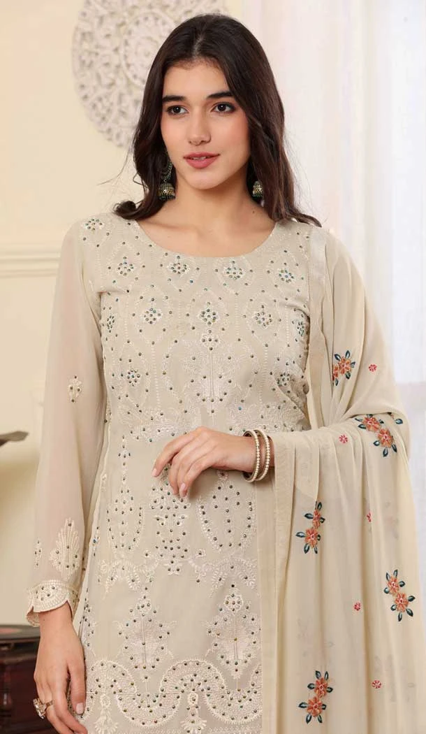 Georgette Embroidered Party Wear Salwar Suit In Beige - 9414187152